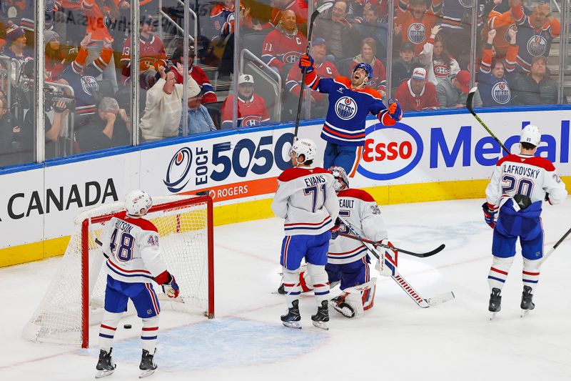 Mar 6, 2025; Edmonton, Alberta, CAN; Edmonton Oilers defensemen Evan Bouchard (2) celebrates after scoring a goal during overtime against the Montreal Canadiens at Rogers Place. Mandatory Credit: Perry Nelson-Imagn Images