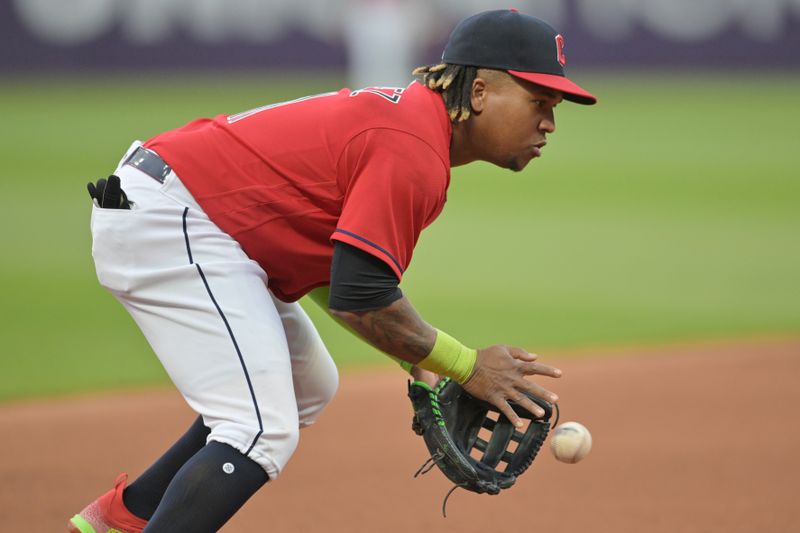 May 27, 2023; Cleveland, Ohio, USA; Cleveland Guardians third baseman Jose Ramirez (11) fields a ball hit by St. Louis Cardinals catcher Willson Contreras (40) during the fourth inning at Progressive Field. Mandatory Credit: Ken Blaze-USA TODAY Sports