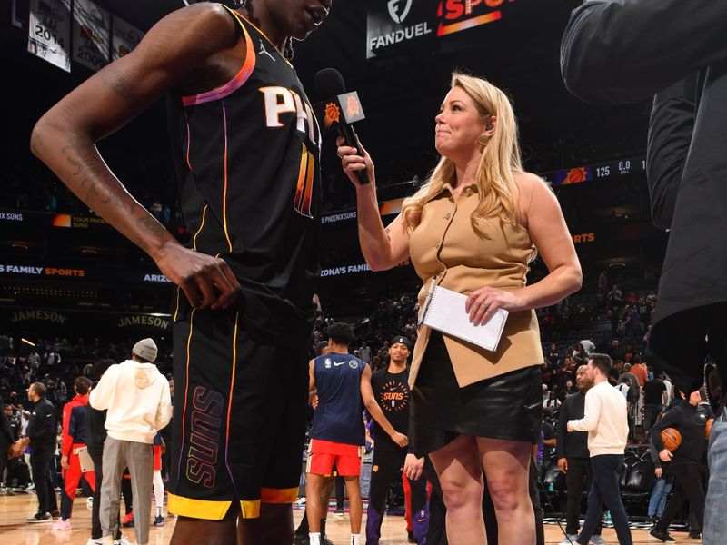 PHOENIX, AZ - FEBRUARY 28: Bol Bol #11 of the Phoenix Suns talks to the media after the game against the New Orleans Pelicans on February 28, 2025 at PHX Arena in Phoenix, Arizona. NOTE TO USER: User expressly acknowledges and agrees that, by downloading and or using this photograph, user is consenting to the terms and conditions of the Getty Images License Agreement. Mandatory Copyright Notice: Copyright 2025 NBAE (Photo by Barry Gossage/NBAE via Getty Images)