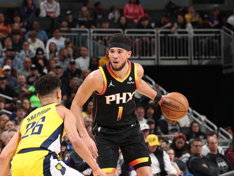 INDIANAPOLIS, IN - JANUARY 26:  Devin Booker #1 of the Phoenix Suns handles the ball during the game  against the Indiana Pacers on January 26, 2024 at Gainbridge Fieldhouse in Indianapolis, Indiana. NOTE TO USER: User expressly acknowledges and agrees that, by downloading and or using this Photograph, user is consenting to the terms and conditions of the Getty Images License Agreement. Mandatory Copyright Notice: Copyright 2024 NBAE (Photo by Jeff Haynes/NBAE via Getty Images)