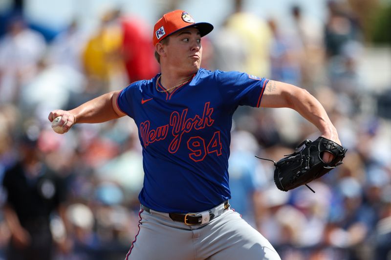 Mar 1, 2025; Port Charlotte, Florida, USA; New York Mets pitcher Blade Tidwell (94) throws a pitch against the Tampa Bay Rays in the second inning during spring training at Charlotte Sports Park. Mandatory Credit: Nathan Ray Seebeck-Imagn Images