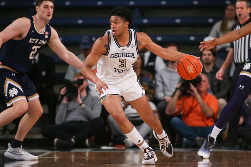 Feb 8, 2023; Atlanta, Georgia, USA; Georgia Tech Yellow Jackets guard Dallan Coleman (3) dribbles against the Notre Dame Fighting Irish in the first half at McCamish Pavilion. Mandatory Credit: Brett Davis-USA TODAY Sports