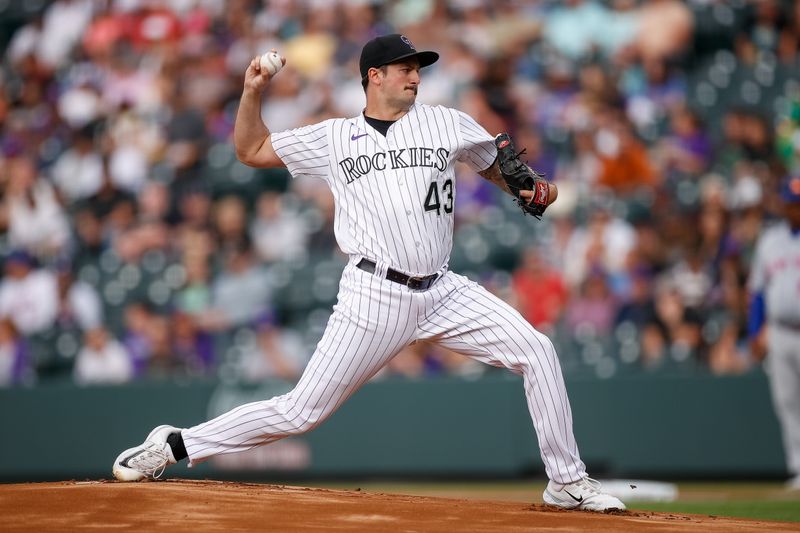 May 26, 2023; Denver, Colorado, USA; Colorado Rockies starting pitcher Connor Seabold (43) pitches in the first inning against the New York Mets at Coors Field. Mandatory Credit: Isaiah J. Downing-USA TODAY Sports