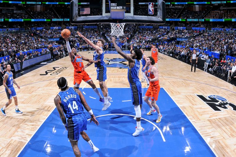 ORLANDO, FL - FEBRUARY 13: Jalen Williams #8 of the Oklahoma City Thunder shoots the ball during the game against the Orlando Magic on February 13, 2024 at the Kia Center in Orlando, Florida. NOTE TO USER: User expressly acknowledges and agrees that, by downloading and or using this photograph, User is consenting to the terms and conditions of the Getty Images License Agreement. Mandatory Copyright Notice: Copyright 2024 NBAE (Photo by Fernando Medina/NBAE via Getty Images)