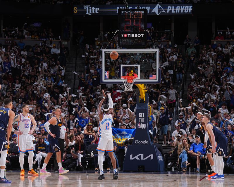DENVER, CO - MAY 11: Shai Gilgeous-Alexander #2 of the Oklahoma City Thunder shoots a free throw during the game against the Denver Nuggets during Round 2 Game 4 of the 2025 NBA Playoffs on May 11, 2025 at Ball Arena in Denver, Colorado. NOTE TO USER: User expressly acknowledges and agrees that, by downloading and/or using this Photograph, user is consenting to the terms and conditions of the Getty Images License Agreement. Mandatory Copyright Notice: Copyright 2025 NBAE(Photo by Garrett Ellwood/NBAE via Getty Images)