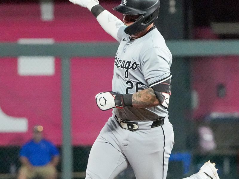Jul 19, 2024; Kansas City, Missouri, USA; Chicago White Sox catcher Korey Lee (26) celebrates while running the bases after hitting a solo home run abasing the Kansas City Royals in the eighth inning at Kauffman Stadium. Mandatory Credit: Denny Medley-USA TODAY Sports