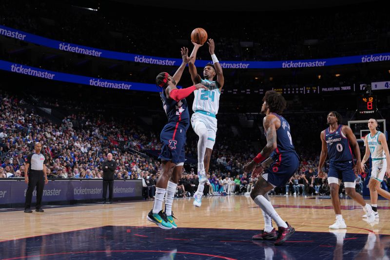 PHILADELPHIA, PA - MARCH 16: Brandon Miller #24 of the Charlotte Hornets shoots the ball during the game against the Philadelphia 76ers on March 16, 2024 at the Wells Fargo Center in Philadelphia, Pennsylvania NOTE TO USER: User expressly acknowledges and agrees that, by downloading and/or using this Photograph, user is consenting to the terms and conditions of the Getty Images License Agreement. Mandatory Copyright Notice: Copyright 2024 NBAE (Photo by Jesse D. Garrabrant/NBAE via Getty Images)