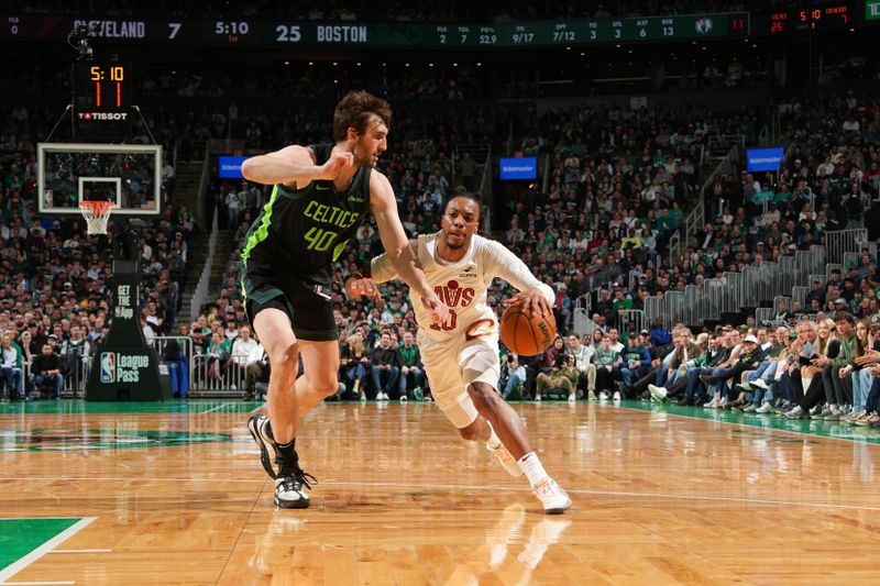 BOSTON, MA - FEBRUARY 28: Darius Garland #10 of the Cleveland Cavaliers drives to the basket during the game against the Boston Celtics  on February 28, 2025 at TD Garden in Boston, Massachusetts. NOTE TO USER: User expressly acknowledges and agrees that, by downloading and/or using this Photograph, user is consenting to the terms and conditions of the Getty Images License Agreement. Mandatory Copyright Notice: Copyright 2025 NBAE (Photo by Jesse D. Garrabrant/NBAE via Getty Images)