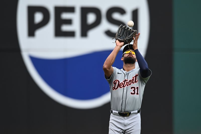 Oct 12, 2024; Cleveland, Ohio, USA; Detroit Tigers outfielder Riley Greene (31) makes catch in the fourth inning against the Cleveland Guardians during game five of the ALDS for the 2024 MLB Playoffs at Progressive Field. Mandatory Credit: Ken Blaze-Imagn Images