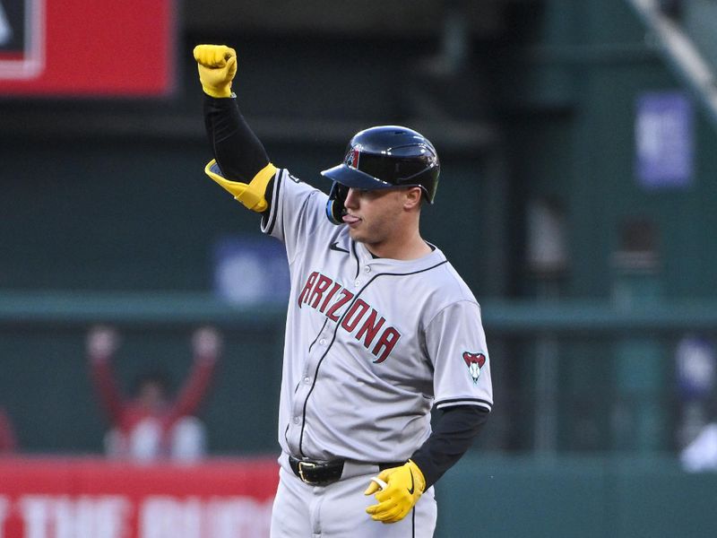 Apr 22, 2024; St. Louis, Missouri, USA;  Arizona Diamondbacks designated hitter Joc Pederson (3) reacts after hitting a double against the St. Louis Cardinals during the second inning at Busch Stadium. Mandatory Credit: Jeff Curry-USA TODAY Sports