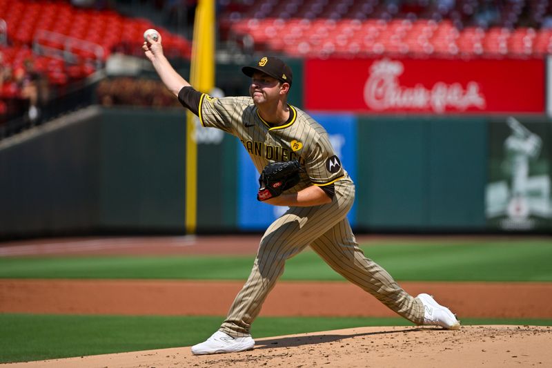 Aug 29, 2024; St. Louis, Missouri, USA;  San Diego Padres starting pitcher Michael King (34) pitches against the St. Louis Cardinals during the first inning at Busch Stadium. Mandatory Credit: Jeff Curry-USA TODAY Sports