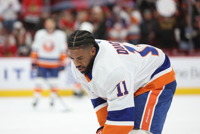 Dec 30, 2025; Chicago, Illinois, USA; New York Islanders left wing Anthony Duclair (11) warms up before a game against the Chicago Blackhawks at United Center. Mandatory Credit: Talia Sprague-Imagn Images