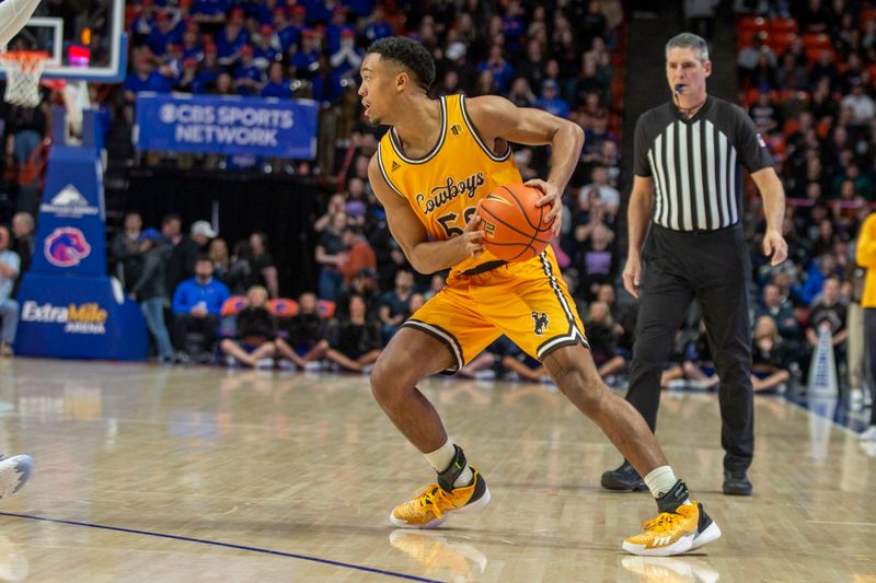 Feb 11, 2023; Boise, Idaho, USA; Wyoming Cowboys guard Xavier DuSell (53) during the first half against the Boise State Broncos at ExtraMile Arena. Mandatory Credit: Brian Losness-USA TODAY Sports
ports