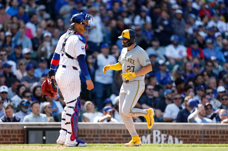 May 3, 2024; Chicago, Illinois, USA; Milwaukee Brewers shortstop Willy Adames (27) scores against the Chicago Cubs during the eight inning at Wrigley Field. Mandatory Credit: Kamil Krzaczynski-USA TODAY Sports