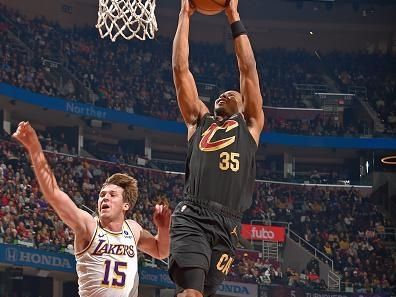 CLEVELAND, OH - NOVEMBER 25: Isaac Okoro #35 of the Cleveland Cavaliers dunks the ball during the game against the Los Angeles Lakers on November 25, 2023 at Rocket Mortgage FieldHouse in Cleveland, Ohio. NOTE TO USER: User expressly acknowledges and agrees that, by downloading and/or using this Photograph, user is consenting to the terms and conditions of the Getty Images License Agreement. Mandatory Copyright Notice: Copyright 2023 NBAE (Photo by David Liam Kyle/NBAE via Getty Images)