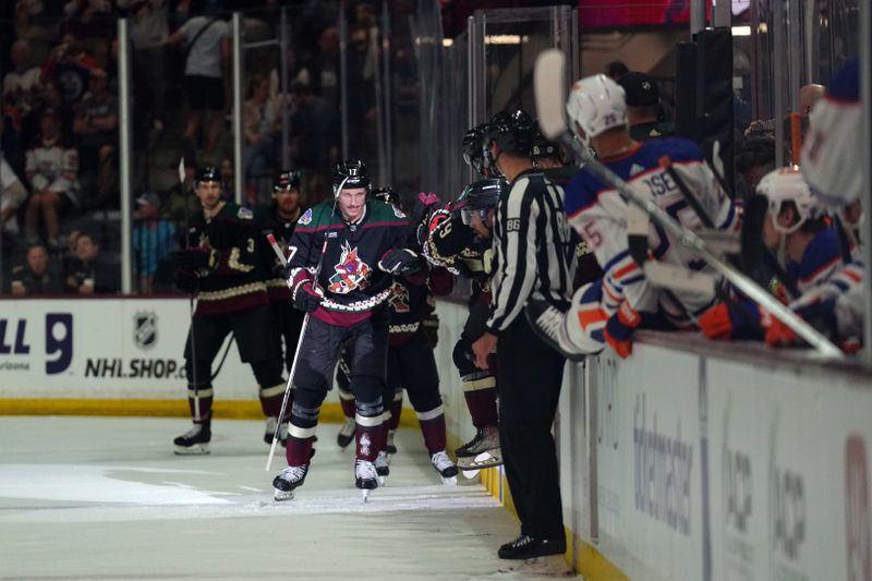 Feb 19, 2024; Tempe, Arizona, USA; Arizona Coyotes center Nick Bjugstad (17) celebrates a goal against the Edmonton Oilers during the second period at Mullett Arena. Mandatory Credit: Joe Camporeale-USA TODAY Sports