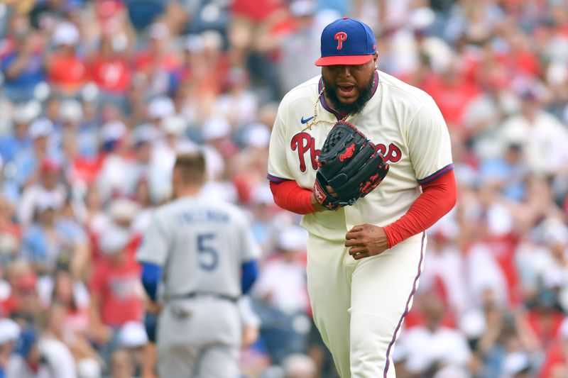 Jun 11, 2023; Philadelphia, Pennsylvania, USA; Philadelphia Phillies relief pitcher Jose Alvarado (46) reacts after a strikeout against the Los Angeles Dodgers to end the eighth inning at Citizens Bank Park. Mandatory Credit: Eric Hartline-USA TODAY Sports