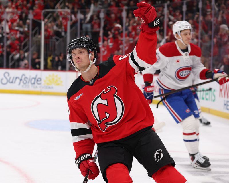 Nov 6, 2025; Newark, New Jersey, USA; New Jersey Devils left wing Jesper Bratt (63) celebrates his game winning goal in overtime against the Montreal Canadiens at Prudential Center. Mandatory Credit: Ed Mulholland-Imagn Images