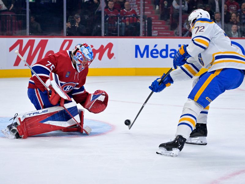 Oct 20, 2025; Montreal, Quebec, CAN; Montreal Canadiens goalie Jakub Dobes (75) stops a shot by Buffalo Sabres forward Tage Thompson (72) during the second period at the Bell Centre. Mandatory Credit: Eric Bolte-Imagn Images