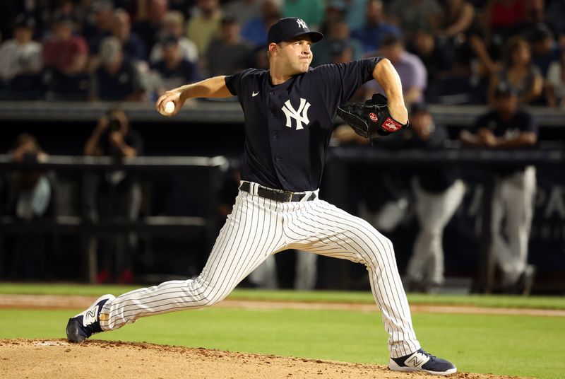 Mar 3, 2023; Tampa, Florida, USA;  New York Yankees relief pitcher Michael King (34) throws a pitch against the Detroit Tigers during the fourth inning at George M. Steinbrenner Field. Mandatory Credit: Kim Klement-USA TODAY Sports