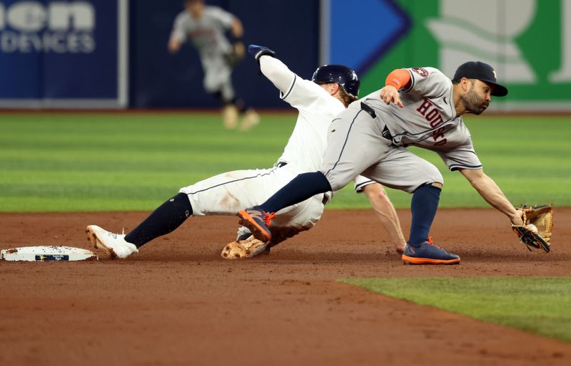 Aug 14, 2024; St. Petersburg, Florida, USA;  Tampa Bay Rays shortstop Taylor Walls (6) steals second base as Houston Astros second base Jose Altuve (27) attempted to tag him out during the third inning at Tropicana Field. Mandatory Credit: Kim Klement Neitzel-USA TODAY Sports