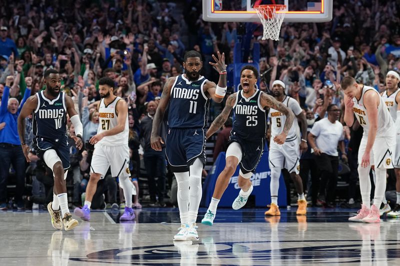 DALLAS, TX - MARCH 17: Kyrie Irving #11 of the Dallas Mavericks celebrates during the game after scoring the game winning basket against the Denver Nuggets on March 17, 2024 at the American Airlines Center in Dallas, Texas. NOTE TO USER: User expressly acknowledges and agrees that, by downloading and or using this photograph, User is consenting to the terms and conditions of the Getty Images License Agreement. Mandatory Copyright Notice: Copyright 2024 NBAE (Photo by Glenn James/NBAE via Getty Images)