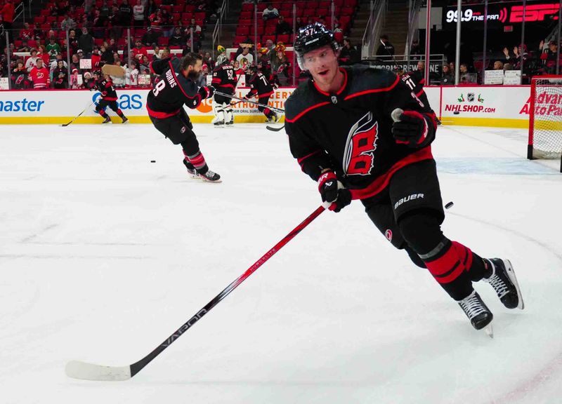 Nov 22, 2023; Raleigh, North Carolina, USA; Carolina Hurricanes right wing Andrei Svechnikov (37) skates before the game against the Edmonton Oilers at PNC Arena. Mandatory Credit: James Guillory-USA TODAY Sports