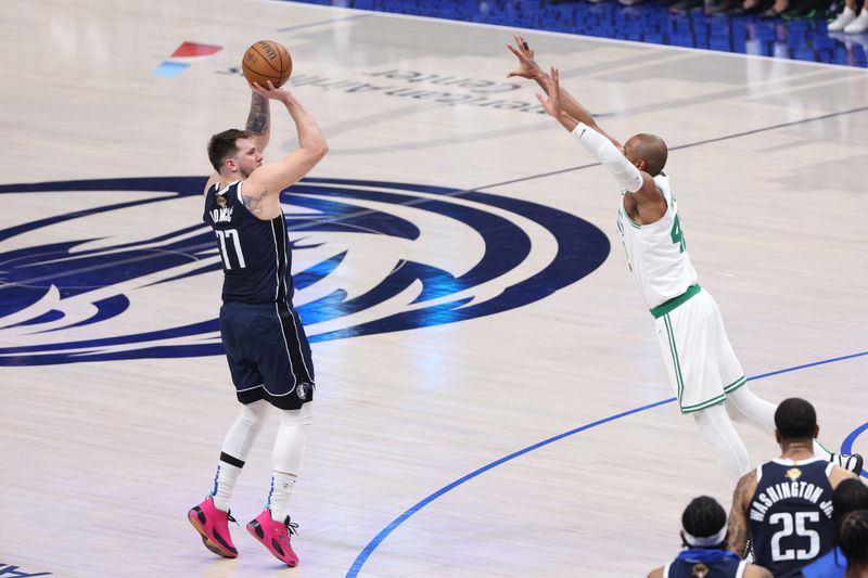 DALLAS, TX - JUNE 12: Luka Doncic #77 of the Dallas Mavericks shoots the ball during the game against the Boston Celtics during Game 3 of the 2024 NBA Finals on June 12, 2024 at the American Airlines Center in Dallas, Texas. NOTE TO USER: User expressly acknowledges and agrees that, by downloading and or using this photograph, User is consenting to the terms and conditions of the Getty Images License Agreement. Mandatory Copyright Notice: Copyright 2024 NBAE (Photo by Joe Murphy/NBAE via Getty Images)