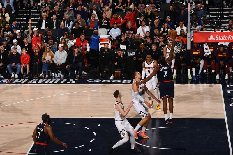 INGLEWOOD, CA - May 1: Kawhi Leonard #2 of the LA Clippers drives to the basket during the game against the Denver Nuggets during Round One Game Six of the 2025 NBA Playoffs on May 1, 2025 at Intuit Dome in Los Angeles, California. NOTE TO USER: User expressly acknowledges and agrees that, by downloading and/or using this Photograph, user is consenting to the terms and conditions of the Getty Images License Agreement. Mandatory Copyright Notice: Copyright 2025 NBAE (Photo by Juan Ocampo/NBAE via Getty Images)