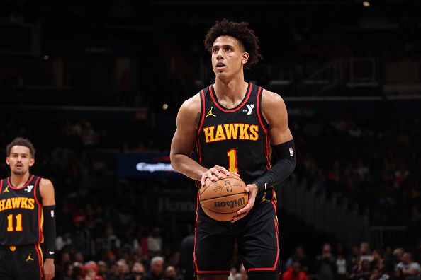 WASHINGTON, DC -? DECEMBER 31: Jalen Johnson #1 of the Atlanta Hawks shoots a free throw during the game against the Washington Wizards on December 31, 2023 at Capital One Arena in Washington, DC. NOTE TO USER: User expressly acknowledges and agrees that, by downloading and or using this Photograph, user is consenting to the terms and conditions of the Getty Images License Agreement. Mandatory Copyright Notice: Copyright 2023 NBAE (Photo by Stephen Gosling/NBAE via Getty Images)