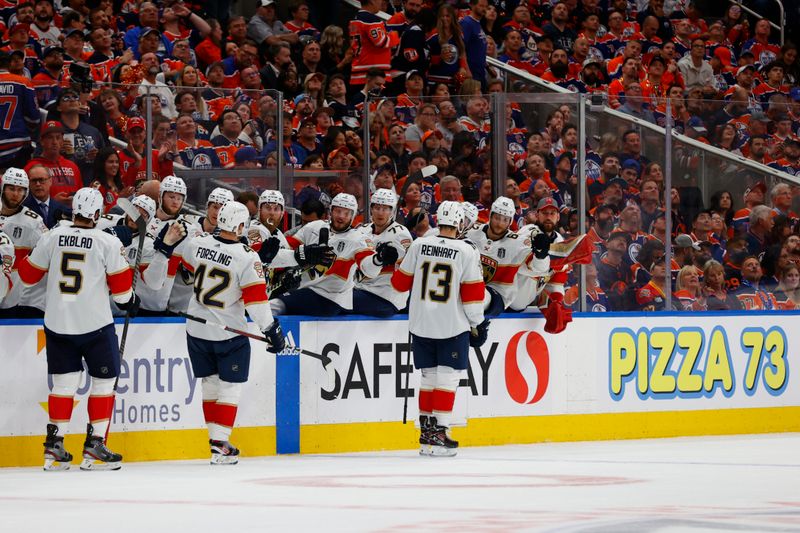 Jun 13, 2024; Edmonton, Alberta, CAN;The Florida Panthers celebrate a gaol by Florida Panthers center Sam Bennett (not pictured) against the Edmonton Oilers in game three of the 2024 Stanley Cup Final at Rogers Place. Mandatory Credit: Perry Nelson-USA TODAY Sports