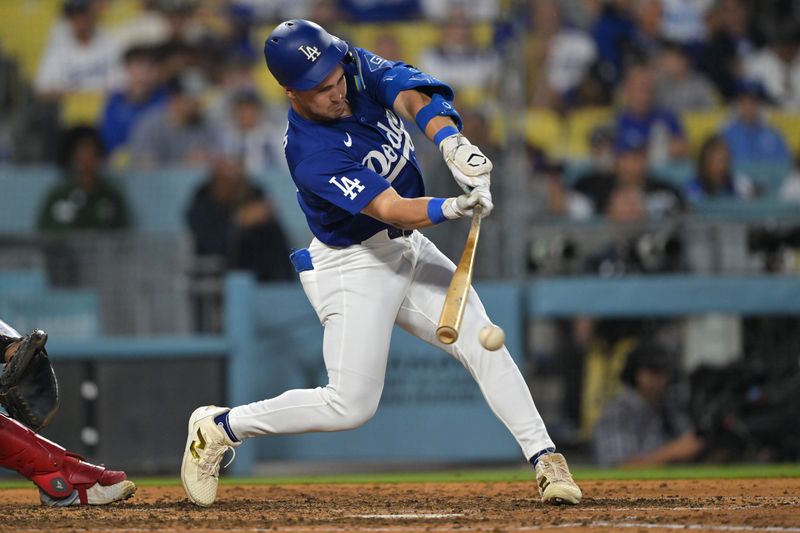 Mar 24, 2026; Los Angeles, California, USA;  Los Angeles Dodgers outfielder Zach Ehrhard (99) at bat in the eighth inning against the Los Angeles Angels at Dodger Stadium. Mandatory Credit: Jayne Kamin-Oncea-Imagn Images