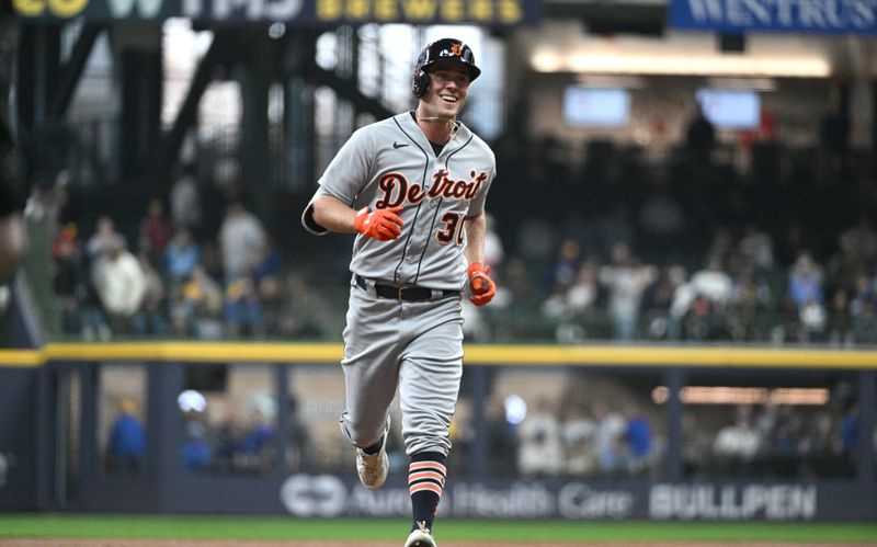 Apr 25, 2023; Milwaukee, Wisconsin, USA; Detroit Tigers right fielder Kerry Carpenter (30) rounds the bases after hitting a home run against the Milwaukee Brewers in the second inning at American Family Field. Mandatory Credit: Michael McLoone-USA TODAY Sports