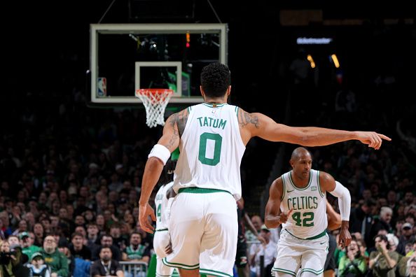 BOSTON, MA - DECEMBER 28: Jayson Tatum #0 of the Boston Celtics looks on during the game against the Detroit Pistons on December 28, 2023 at the TD Garden in Boston, Massachusetts. NOTE TO USER: User expressly acknowledges and agrees that, by downloading and or using this photograph, User is consenting to the terms and conditions of the Getty Images License Agreement. Mandatory Copyright Notice: Copyright 2023 NBAE  (Photo by Brian Babineau/NBAE via Getty Images)