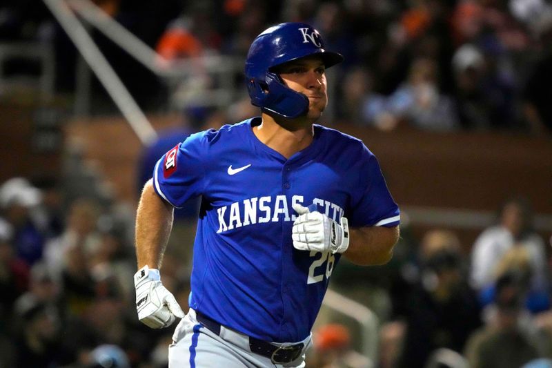 Mar 19, 2024; Scottsdale, Arizona, USA; Kansas City Royals left fielder Adam Frazier (26) draws a walk against the San Francisco Giants in the third inning at Scottsdale Stadium. Mandatory Credit: Rick Scuteri-USA TODAY Sports