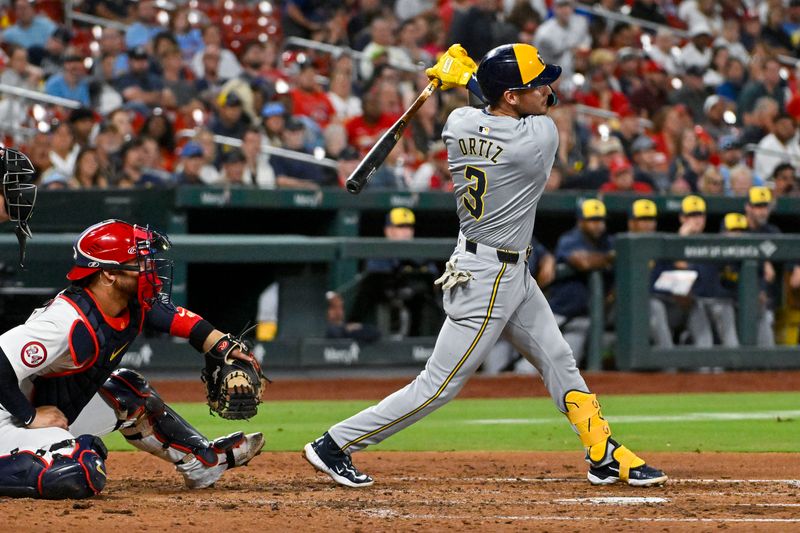 Aug 21, 2024; St. Louis, Missouri, USA;  Milwaukee Brewers third baseman Joey Ortiz (3) hits a one run sacrifice fly against the St. Louis Cardinals during the fifth inning at Busch Stadium. Mandatory Credit: Jeff Curry-USA TODAY Sports