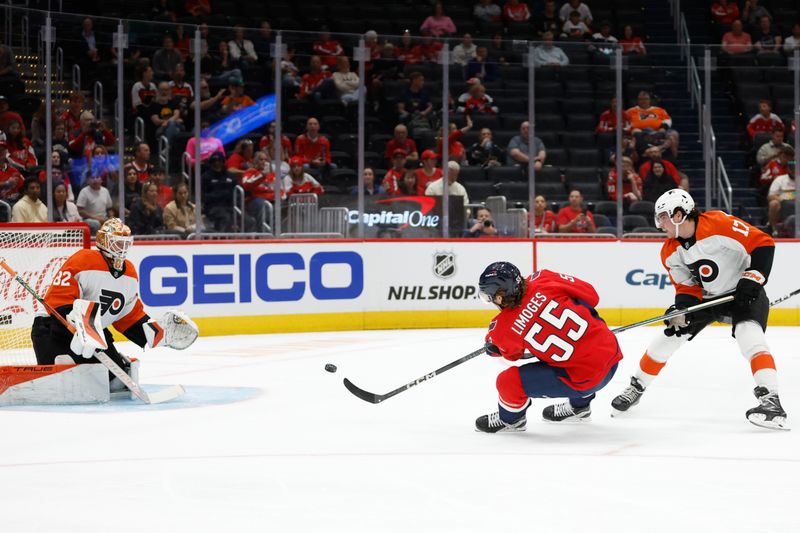 Sep 22, 2024; Washington, District of Columbia, USA; Philadelphia Flyers goaltender Ivan Fedotov (82) makes a save on Washington Capitals defenseman Alex Limoges (55) as Flyers forward Jett Luchanko (17) defends in the first period at Capital One Arena. Mandatory Credit: Geoff Burke-Imagn Images