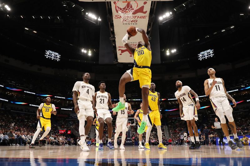 CHICAGO, IL - NOVEMBER 1: Bennedict Mathurin #00 of the Indiana Pacers drives to the basket during the game against the New Orleans Pelicans on November 1, 2024 at Smoothie King Center in New Orleans, Louisiana. NOTE TO USER: User expressly acknowledges and agrees that, by downloading and or using this photograph, User is consenting to the terms and conditions of the Getty Images License Agreement. Mandatory Copyright Notice: Copyright 2024 NBAE (Photo by Jeff Haynes/NBAE via Getty Images)