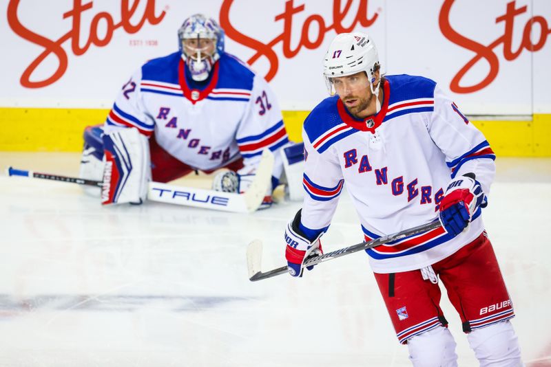 Oct 24, 2023; Calgary, Alberta, CAN; New York Rangers right wing Blake Wheeler (17) skates during the warmup period against the Calgary Flames at Scotiabank Saddledome. Mandatory Credit: Sergei Belski-USA TODAY Sports