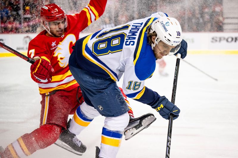 Dec 5, 2024; Calgary, Alberta, CAN; Calgary Flames defenseman Kevin Bahl (7) and St. Louis Blues center Robert Thomas (18) collide during the first period at Scotiabank Saddledome. Mandatory Credit: Brett Holmes-Imagn Images