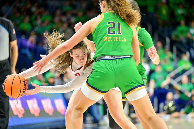 Feb 29, 2024; South Bend, Indiana, USA; Virginia Tech Hokies guard Cayla King (22) looks to pass as Notre Dame Fighting Irish forward Maddy Westbeld (21) defends in the first half at the Purcell Pavilion. Mandatory Credit: Matt Cashore-USA TODAY Sports