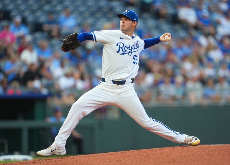 Jul 22, 2024; Kansas City, Missouri, USA; Kansas City Royals starting pitcher Cole Ragans (55) pitches during the first inning against the Arizona Diamondbacks at Kauffman Stadium. Mandatory Credit: Jay Biggerstaff-USA TODAY Sports