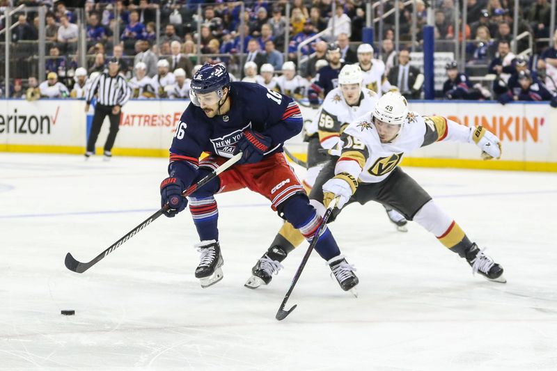 Jan 26, 2024; New York, New York, USA; New York Rangers center Vincent Trocheck (16) and Vegas Golden Knights center Ivan Barbashev (49) battle for control of the puck in the second period at Madison Square Garden. Mandatory Credit: Wendell Cruz-USA TODAY Sports