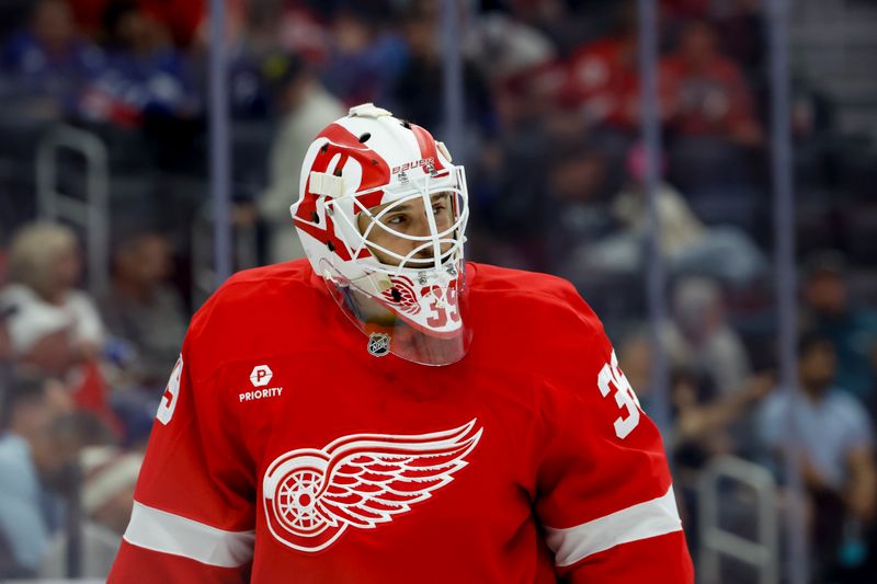 Oct 3, 2024; Detroit, Michigan, USA;  Detroit Red Wings goaltender Cam Talbot (39) looks on during the first period against the Toronto Maple Leafs at Little Caesars Arena. Mandatory Credit: Rick Osentoski-Imagn Images