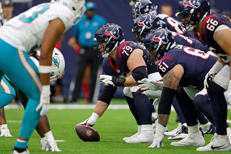 Houston Texans center Jimmy Morrissey (79) in action during an NFL preseason football game against the Miami Dolphins, Saturday, Aug. 19, 2023, in Houston. (AP Photo/Tyler Kaufman)