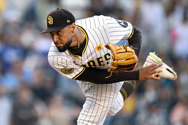 Jun 22, 2024; San Diego, California, USA; San Diego Padres relief pitcher Robert Suarez (75) pitches against the Milwaukee Brewers during the ninth inning at Petco Park. Mandatory Credit: Orlando Ramirez-USA TODAY Sports