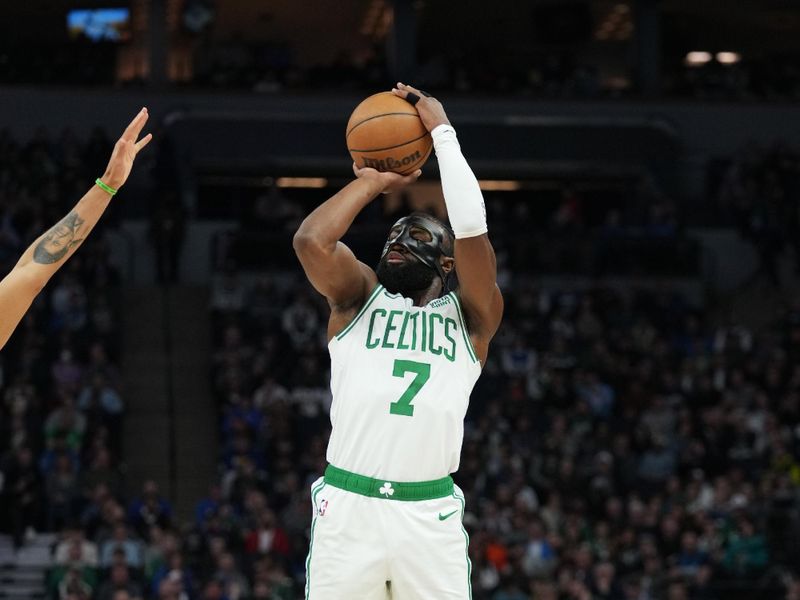 MINNEAPOLIS, MN -  MARCH 15: Jaylen Brown #7 of the Boston Celtics shoots a three point basket during the game against the Minnesota Timberwolves on March 15, 2023 at Target Center in Minneapolis, Minnesota. NOTE TO USER: User expressly acknowledges and agrees that, by downloading and or using this Photograph, user is consenting to the terms and conditions of the Getty Images License Agreement. Mandatory Copyright Notice: Copyright 2023 NBAE (Photo by Jordan Johnson/NBAE via Getty Images)