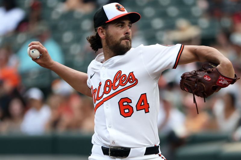 Jun 29, 2025; Baltimore, Maryland, USA; Baltimore Orioles pitcher Dean Kremer (64) throws during the first inning against the Tampa Bay Rays at Oriole Park at Camden Yards. Mandatory Credit: Daniel Kucin Jr.-Imagn Images