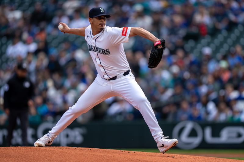 Apr 9, 2025; Seattle, Washington, USA;   Seattle Mariners starter Luis F. Castillo (43) delivers a pitch during the first inning against the Houston Astros at T-Mobile Park. Mandatory Credit: Stephen Brashear-Imagn Images