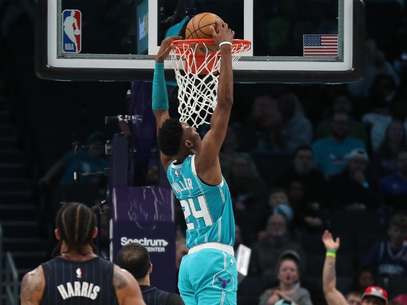 CHARLOTTE, NC - APRIL 5:  Brandon Miller #24 of the Charlotte Hornets dunks the ball during the game against the Orlando Magic on April 5, 2024 at Spectrum Center in Charlotte, North Carolina. NOTE TO USER: User expressly acknowledges and agrees that, by downloading and or using this photograph, User is consenting to the terms and conditions of the Getty Images License Agreement.  Mandatory Copyright Notice:  Copyright 2024 NBAE (Photo by Brock Williams-Smith/NBAE via Getty Images)